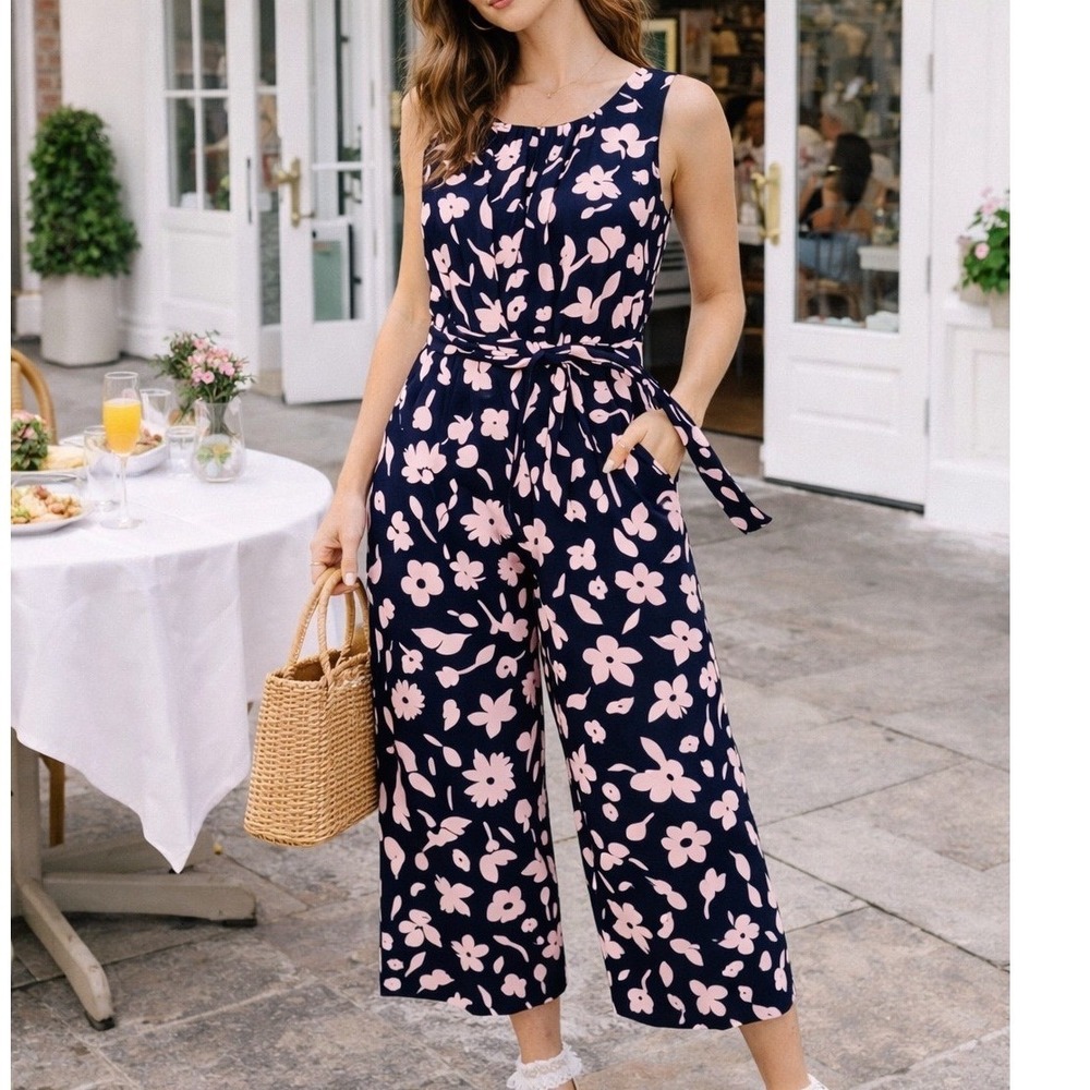 V1 Kate Spade New York Splash Tie‎ Waist Jumpsuit Navy Pink Floral Wide Leg 4